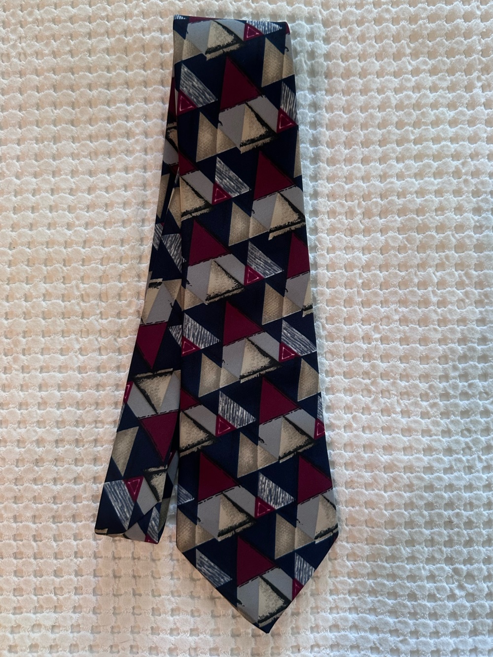 Crescent Navy Tie with Burgundy and Gray Triangle Pattern